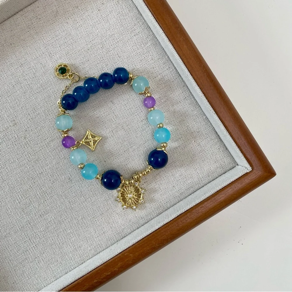 4/$15 Handmade Blue Crystal Stone Beads Gold Spacing Beads Stretchy Bracelet